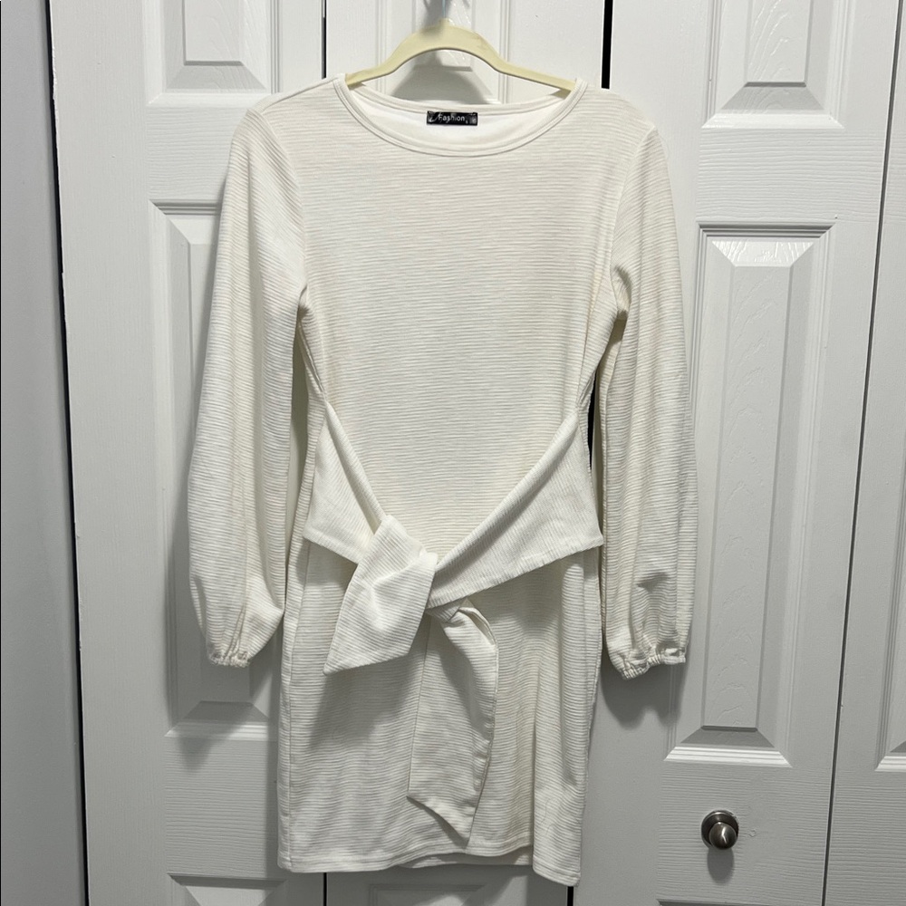White Long Sleeve Dress with Waist Tie